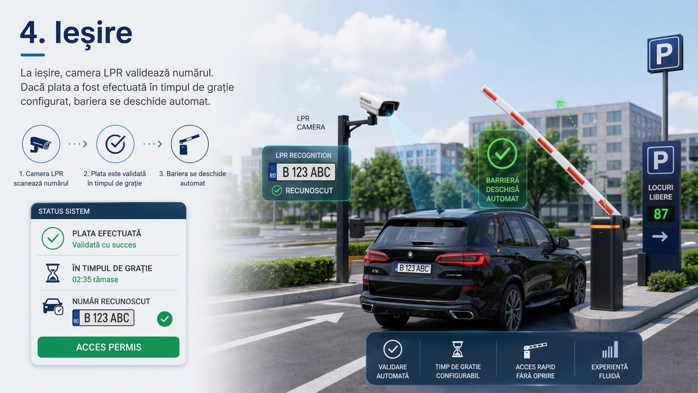 Mașină care iese din parcare după plată
