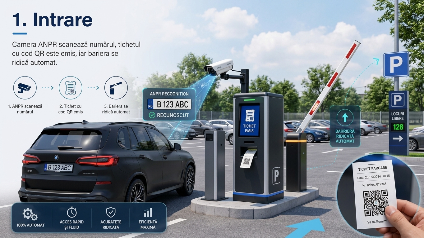 Mașină care intră în parcare prin bariera automată